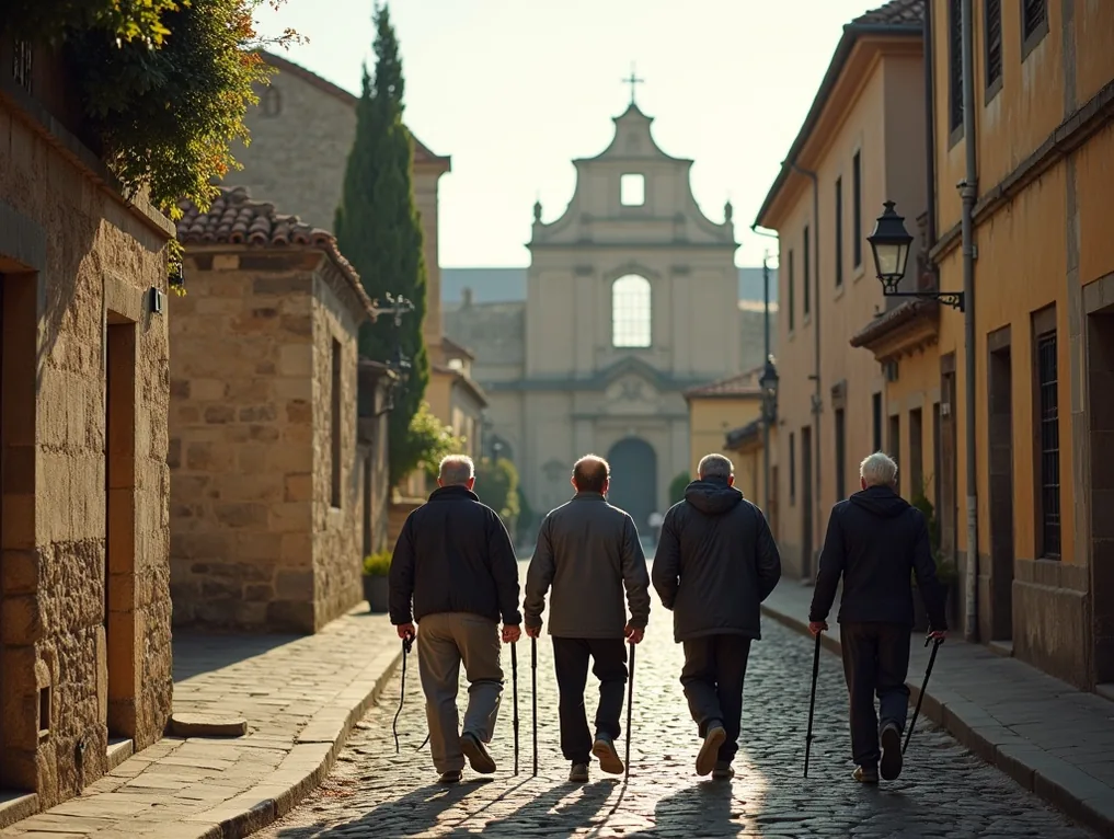 Group of elderly photographers walking toward an old church