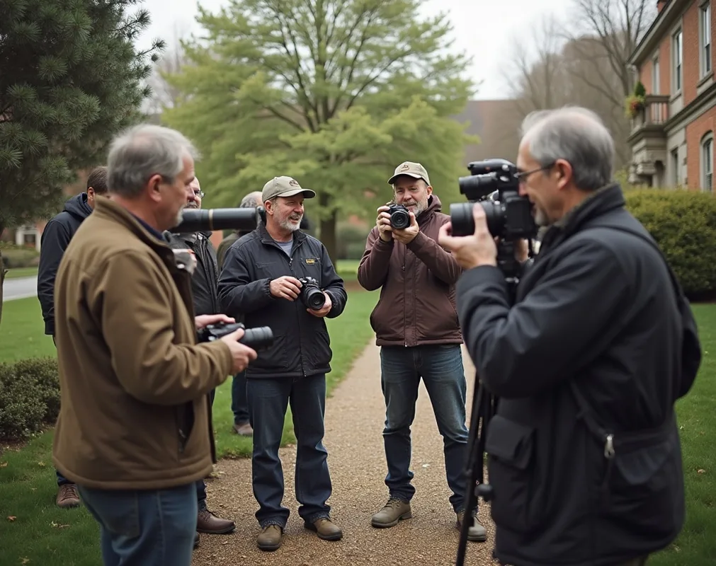 Group of older photographers gathered around teacher near manor house