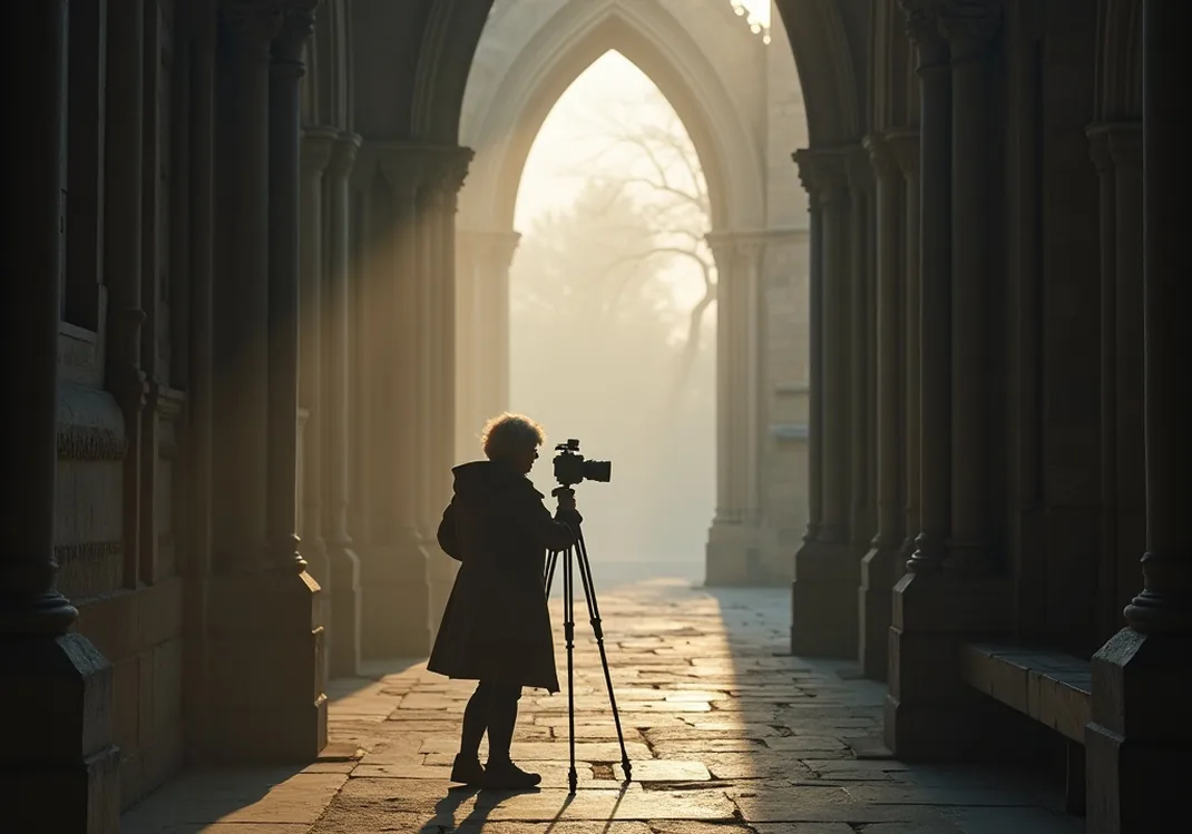 Older woman adjusting tripod near gothic cathedral