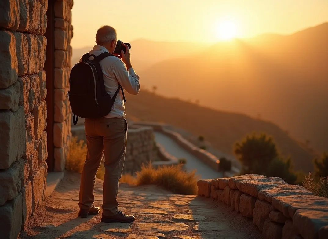 Retired man photographing stone monastery walls at golden hour
