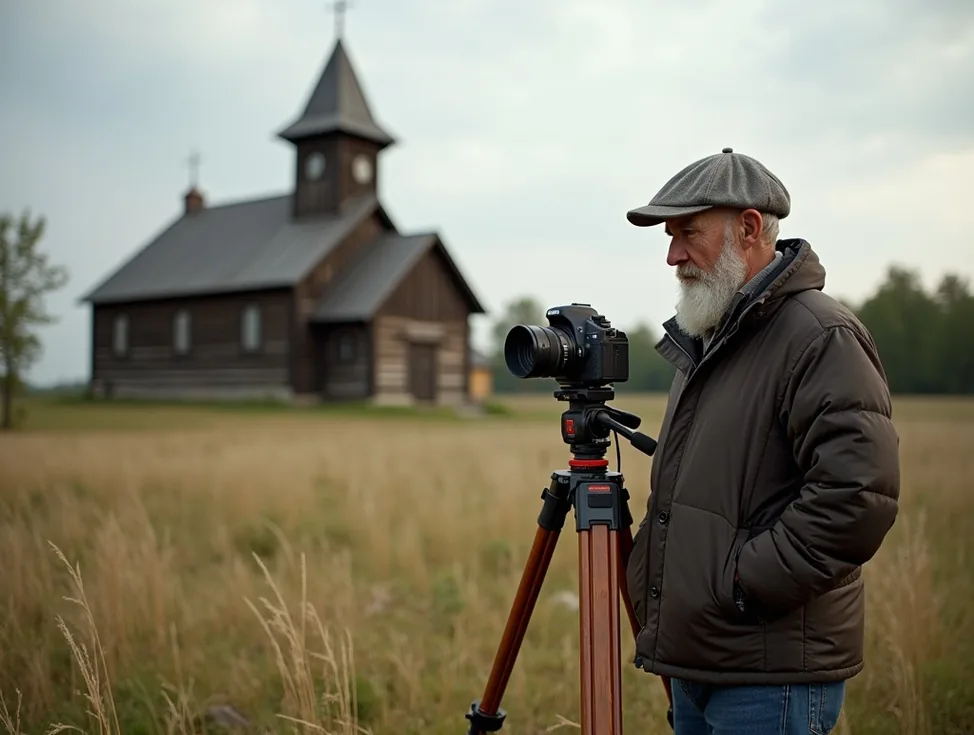 Retired photographer with wooden tripod near rural orthodox church
