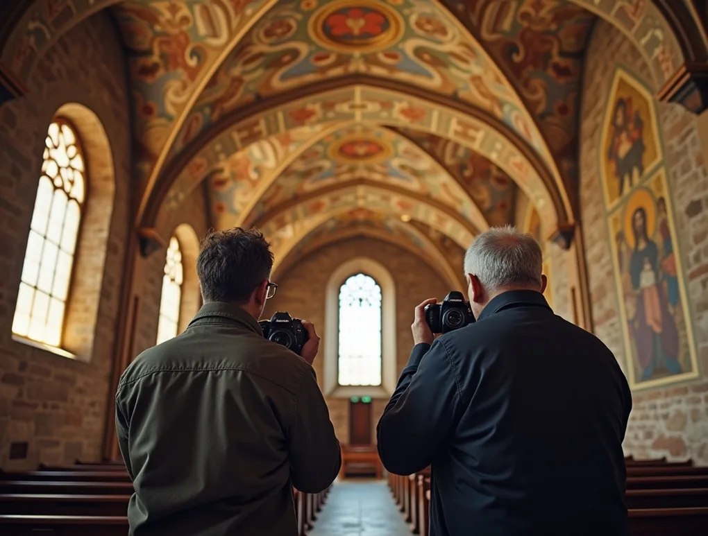 Senior couple with professional cameras inside medieval church
