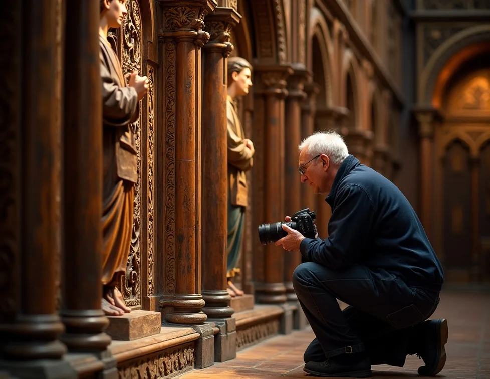 Senior photographer capturing carved wooden iconostasis