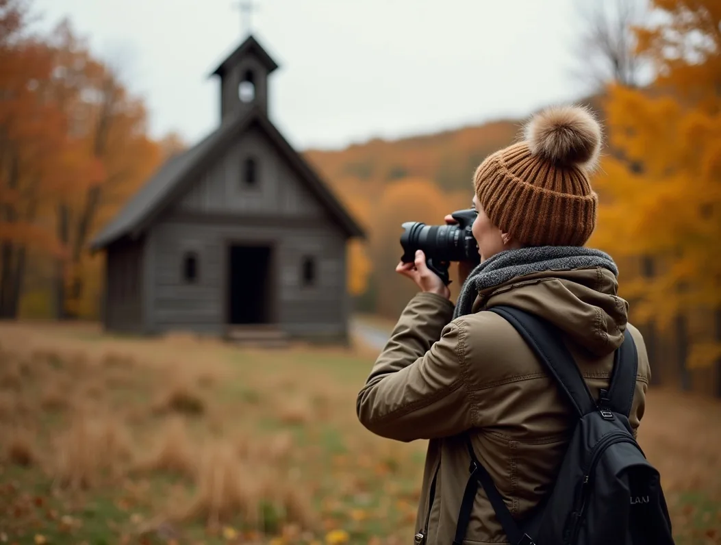 Senior woman photographing old wooden chapel in autumn
